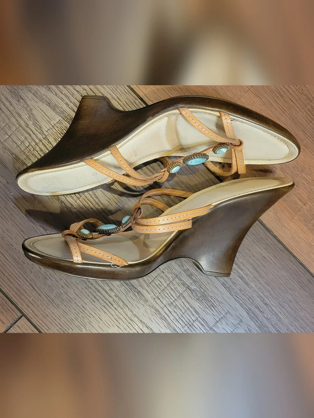 Italian Shoemakers Tan Leather Sandals with Turquoise Accents - Picture 3 of 4